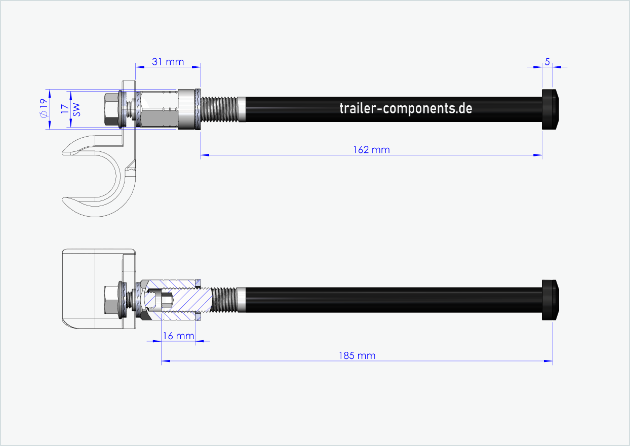 Eje pasante universal con adaptador para TOUT TERRAIN | para rosca izquierda M12 x 1,50 - apto para Thule, Qeridoo, Burley, Prophete, Hamax, Trixie y muchos más.