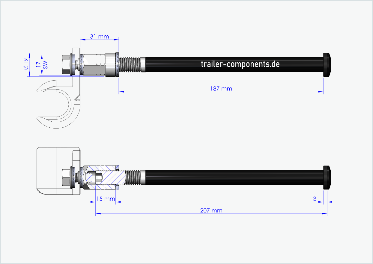 Eje pasante universal con adaptador para ORBEA | para rosca izquierda M12 x 1,50 - apto para Thule, Qeridoo, Burley, Prophete, Hamax, Trixie y muchos más.