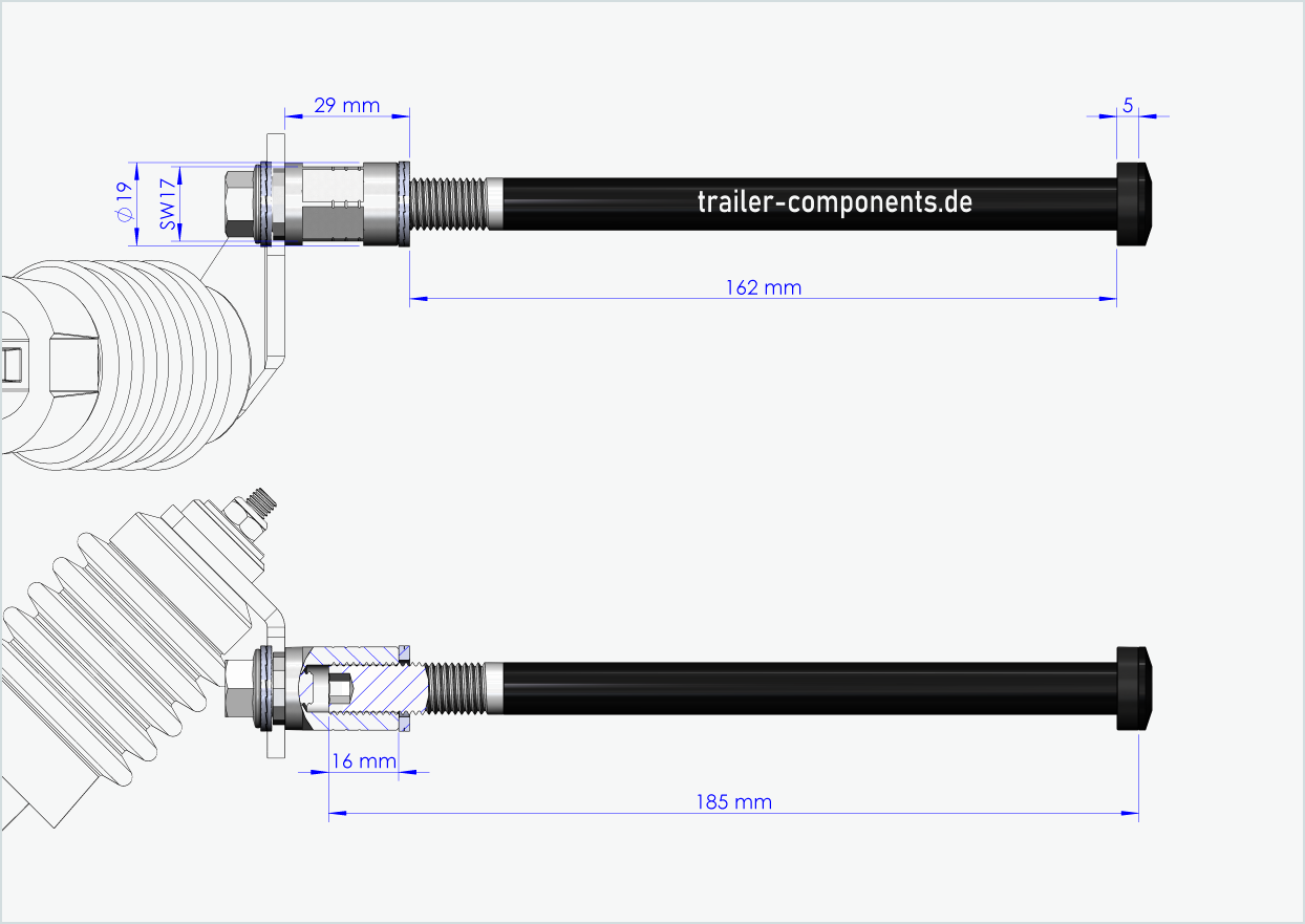 Eje de cierre rápido con adaptador Weber para TOUT TERRAIN | para rosca izquierda M12 x 1,50 - adecuado para embragues Weber tipo: E - EL - ES